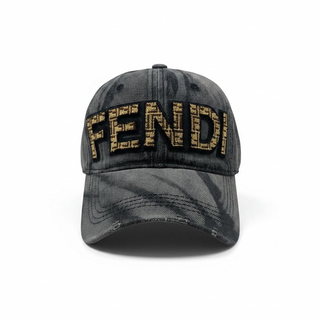 Fendi Washed Grey Distressed Curved Brim Cap With Gold Logo Embroidery