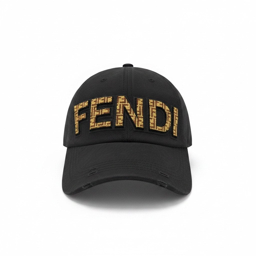 Fendi Black Curved Brim Cap With Gold Logo Embroidery