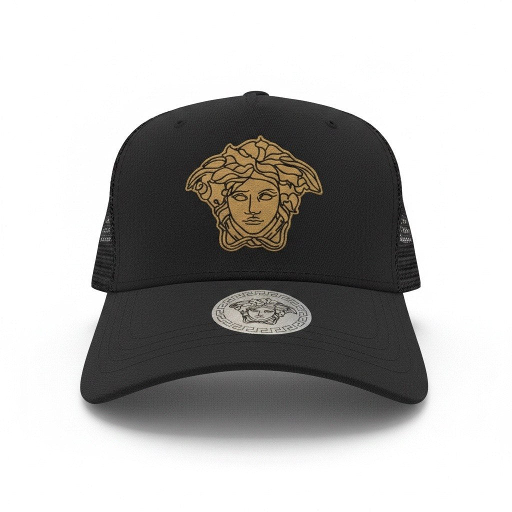 Versace Black Trucker Cap With Gold Medusa Logo