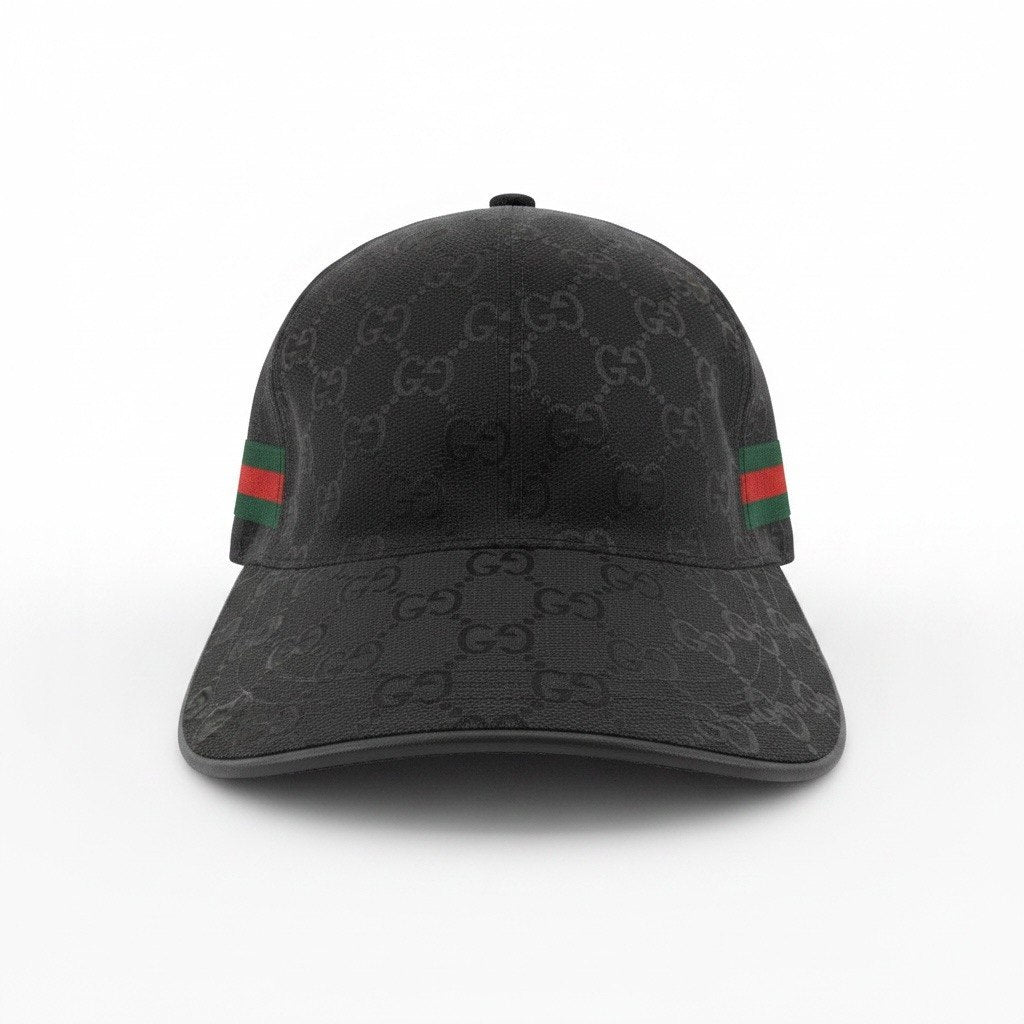 Gucci Black GG Monogram Curved Brim Cap With Web Stripe Detail