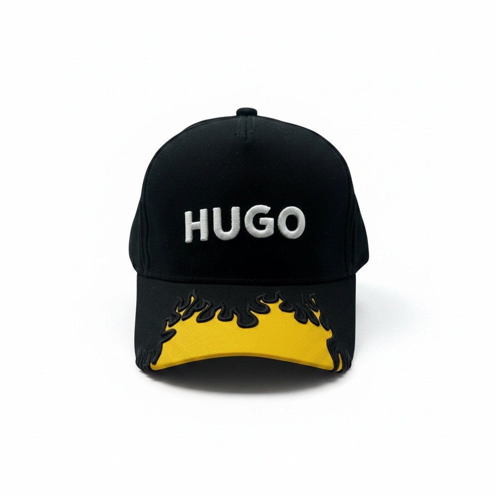 HUGO BOSS Black Curved Brim Cap With Yellow Flame Detail