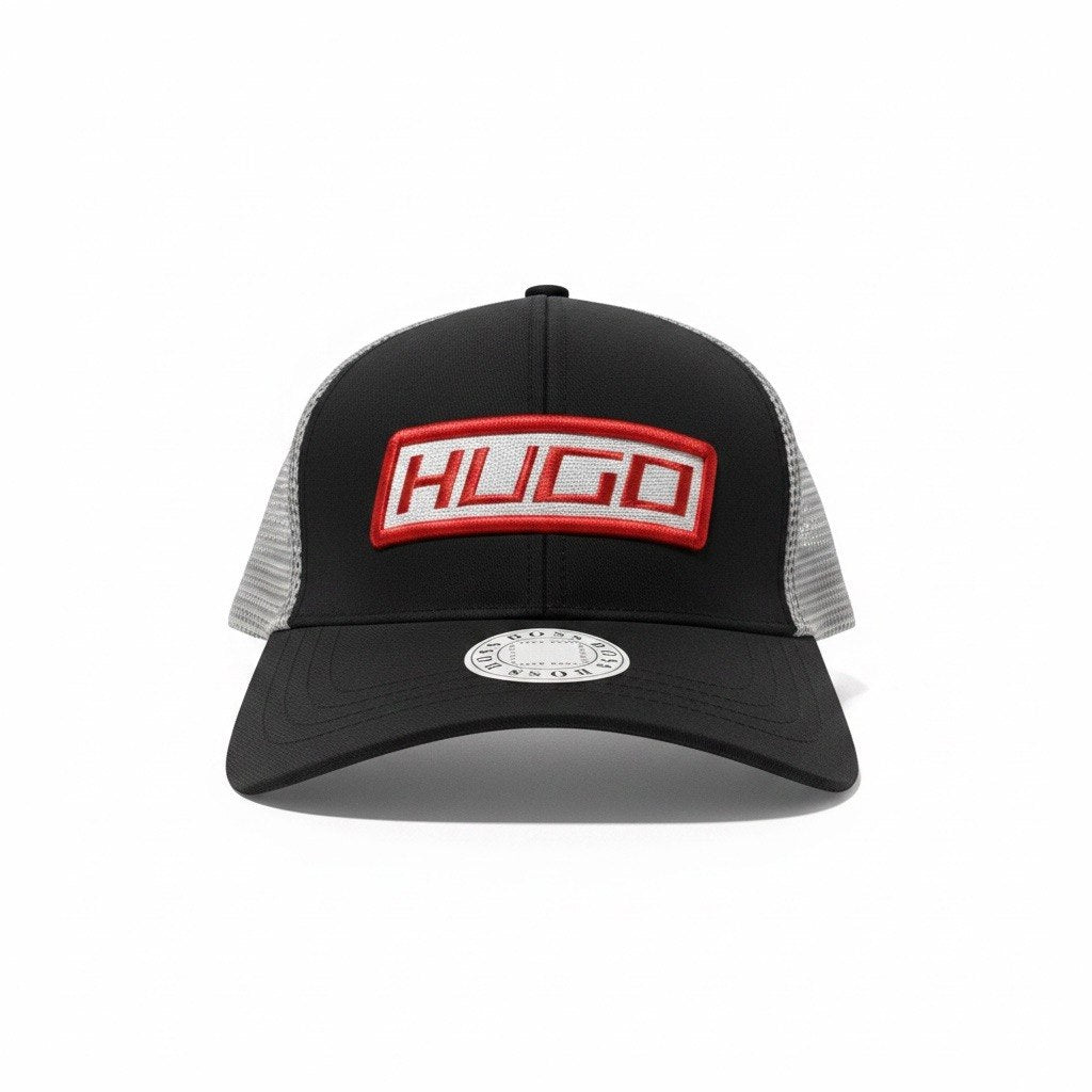 HUGO Black Trucker Cap With Red Logo Patch
