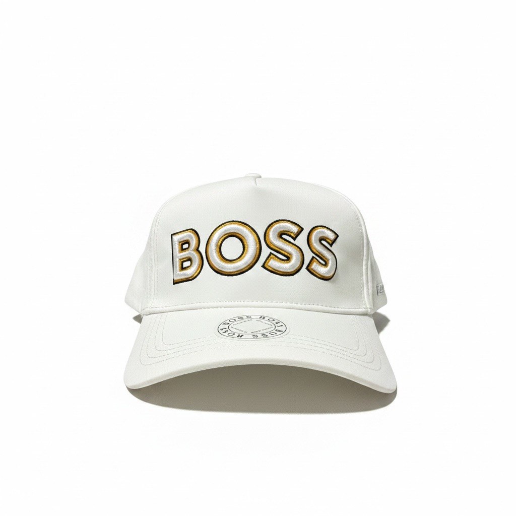 BOSS White Curved Brim Cap With Gold Logo Embroidery
