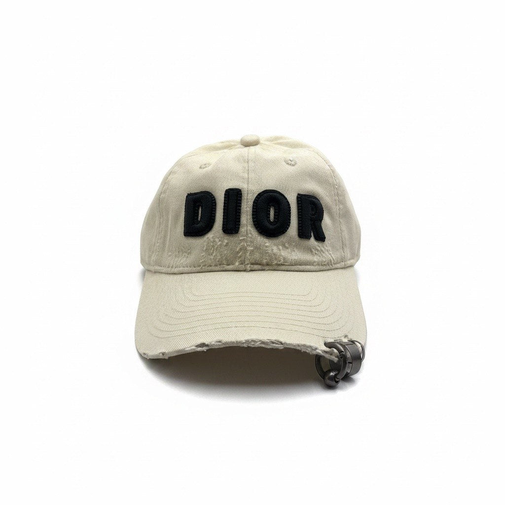 Dior Cream Distressed Curved Brim Cap With Black Logo Embroidery