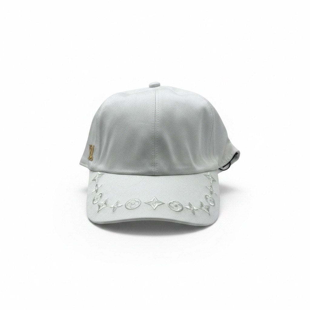 Louis Vuitton White Satin Curved Brim Cap With Monogram Brim Embroidery
