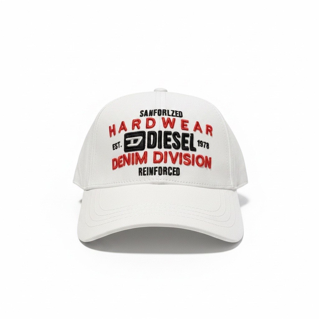 Diesel White Curved Brim Cap With Hardwear Denim Division Embroidery
