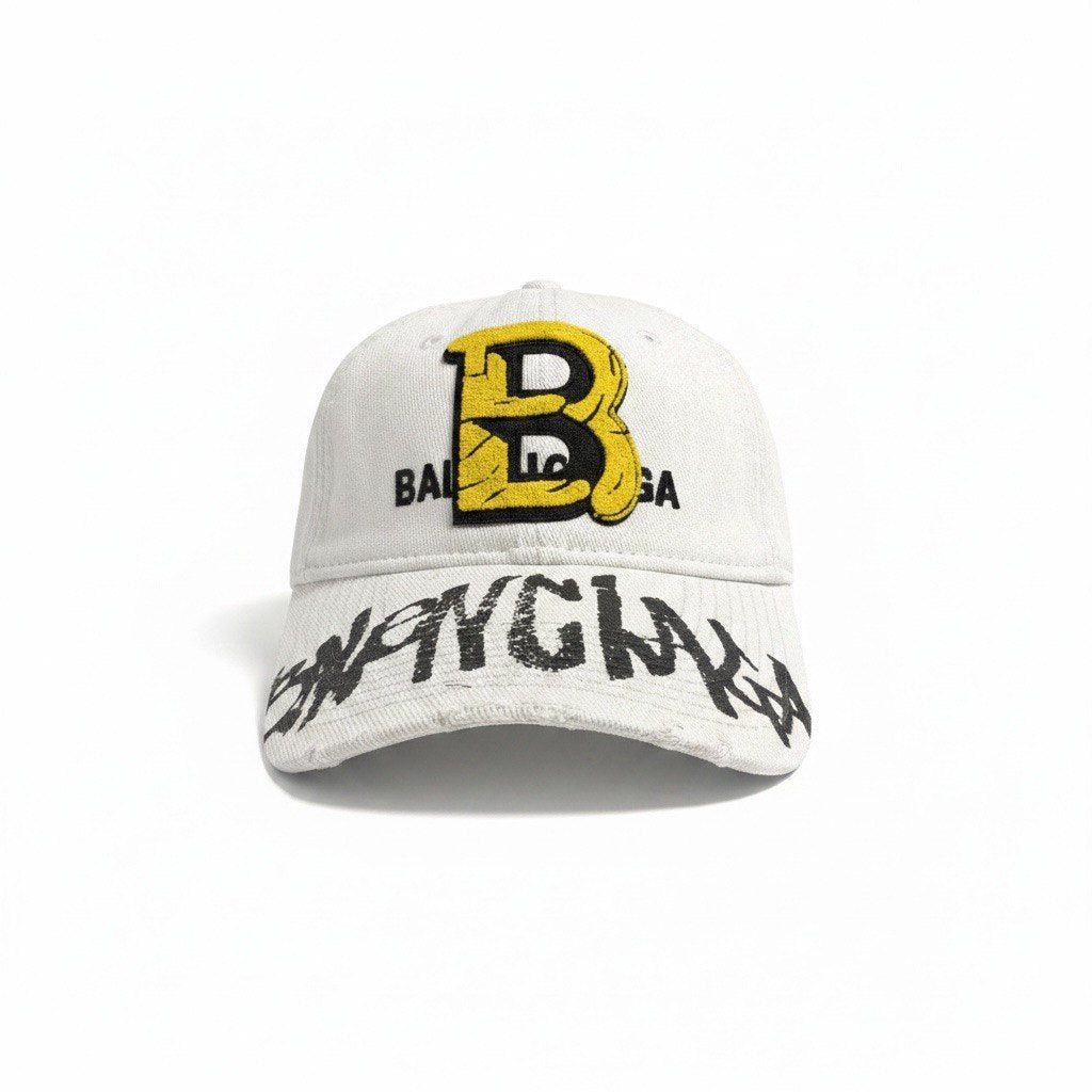 Balenciaga White Curved Brim Cap With Yellow B Logo Patch