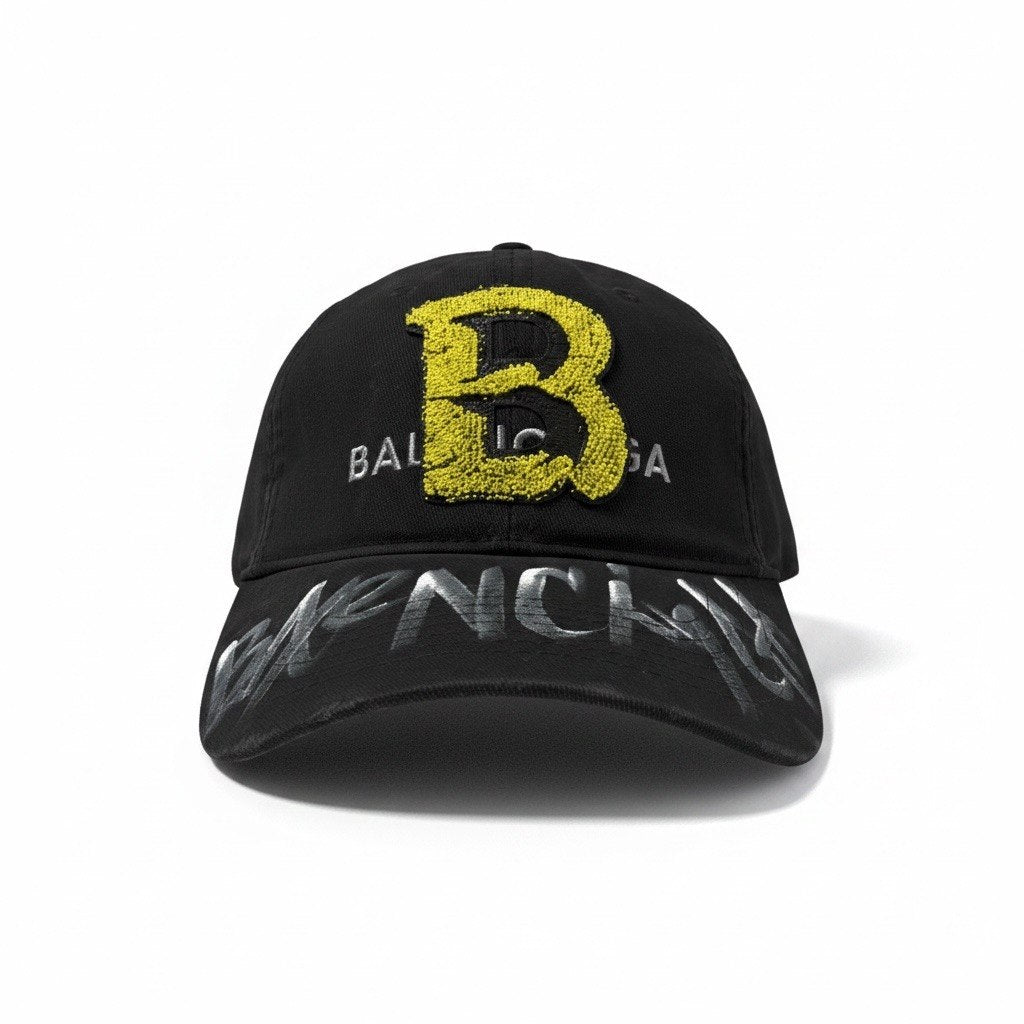 Balenciaga Black Curved Brim Cap With Yellow B Logo Patch