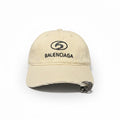 Balenciaga Cream Distressed Curved Brim Cap With Piercing Detail
