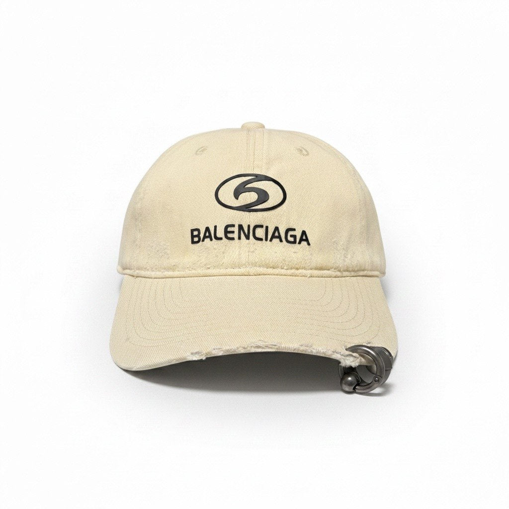 Balenciaga Cream Distressed Curved Brim Cap With Piercing Detail