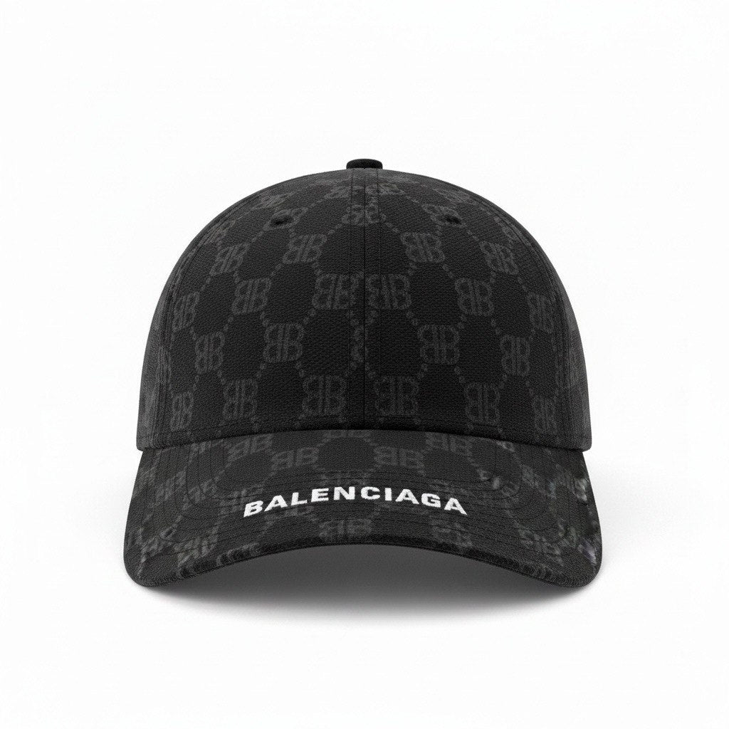 Balenciaga Black Monogram Curved Brim Cap With White Logo Embroidery