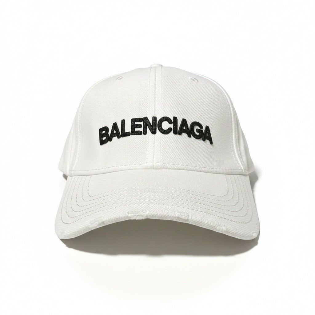 Balenciaga White Curved Brim Cap With Black Logo Embroidery