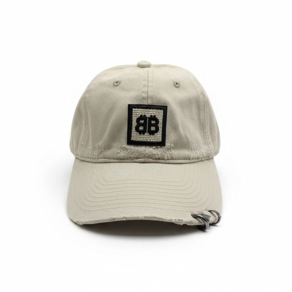 Balenciaga Beige Distressed Curved Brim Cap With BB Logo Patch