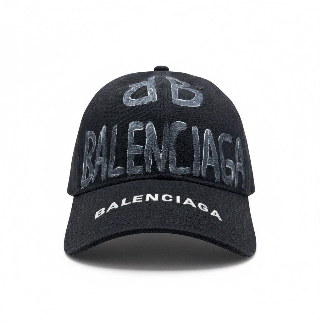 Balenciaga Black Curved Brim Cap With Graffiti Logo Embroidery