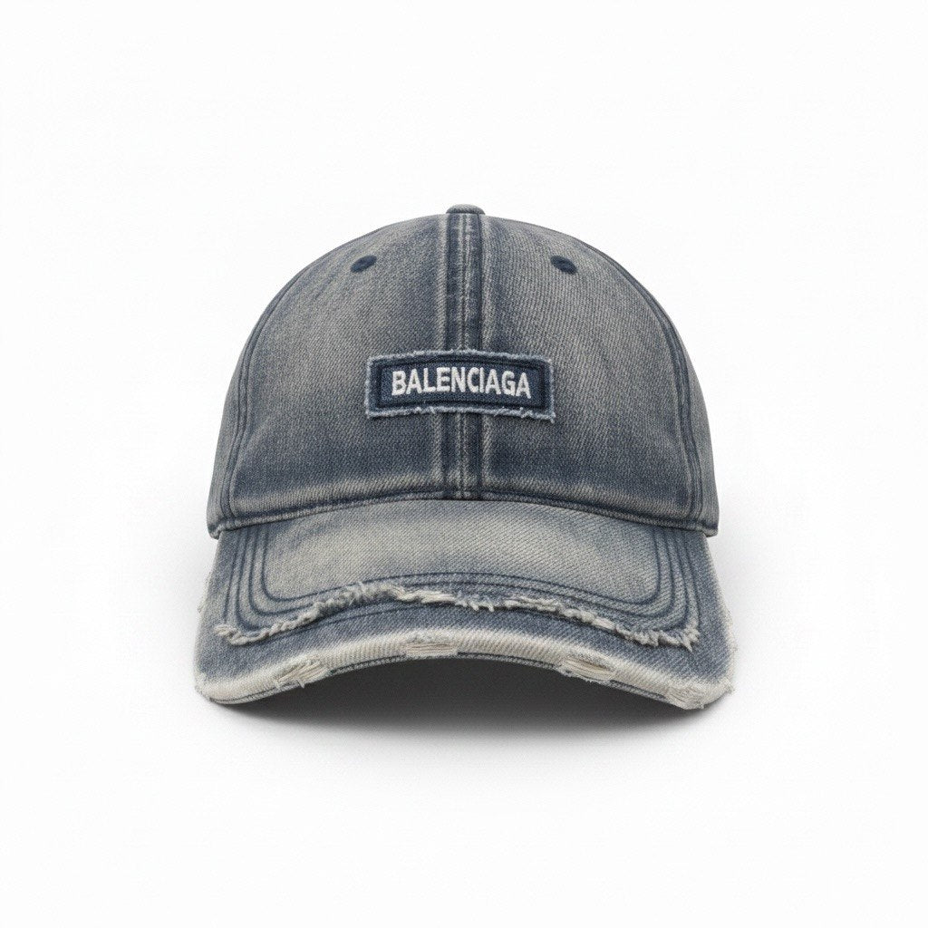 Balenciaga Washed Denim Distressed Curved Brim Cap