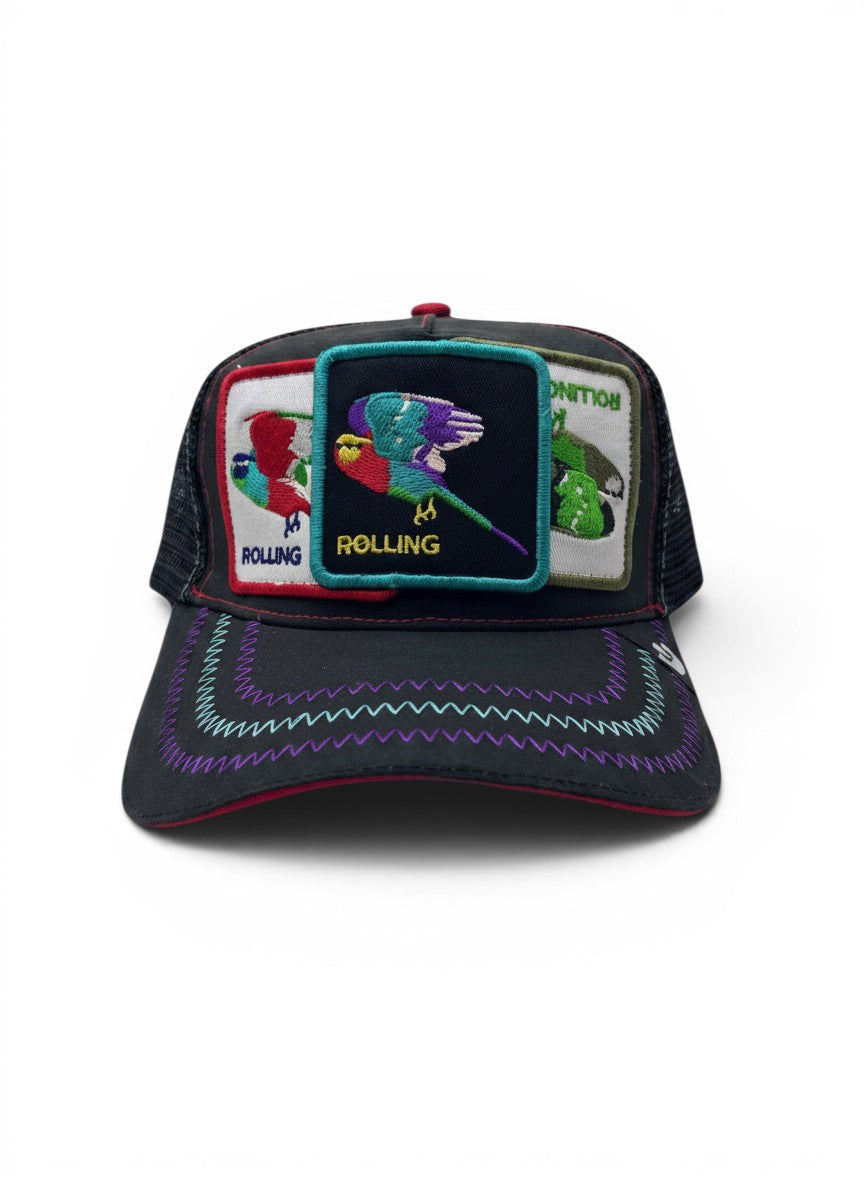 Goorin Bros Black Trucker Cap With Rolling Bird Patch Embroidery
