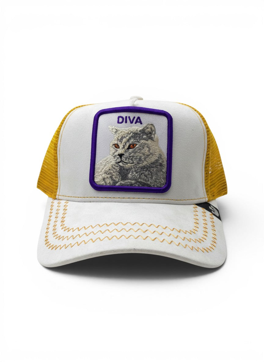 Goorin Bros White Trucker Cap With Diva Cat Patch Embroidery