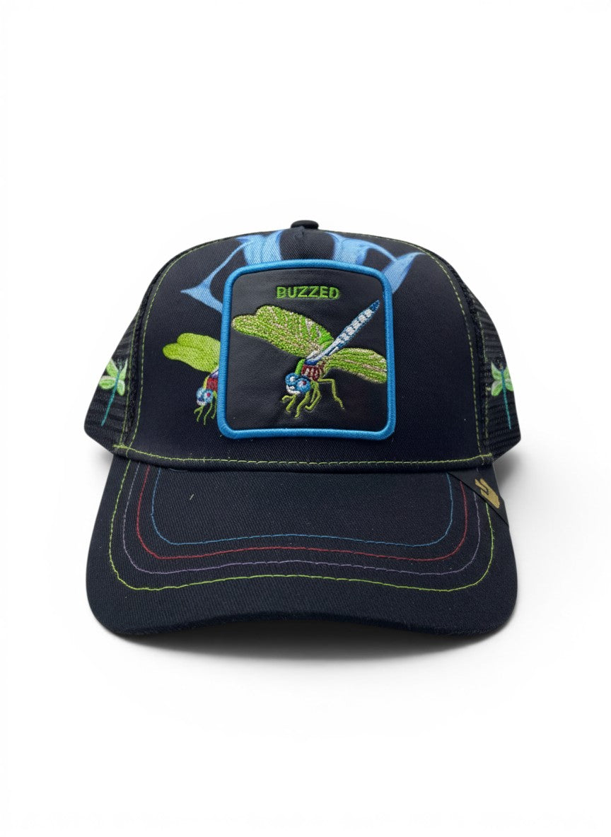 Goorin Bros Black Trucker Cap With Buzzed Dragonfly Patch Embroidery