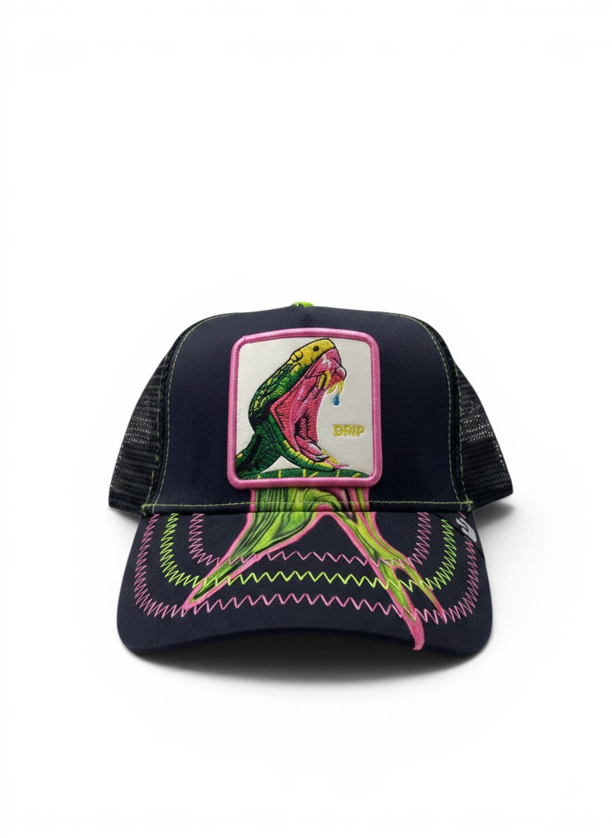 Goorin Bros Black Trucker Cap With Drip Snake Patch Embroidery