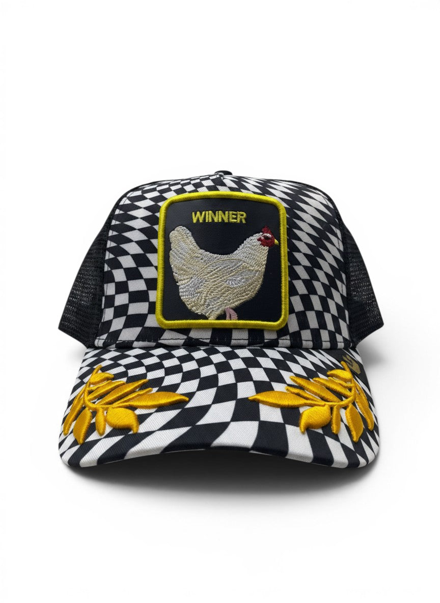 Goorin Bros Checkered Trucker Cap With Winner Chicken Patch Embroidery