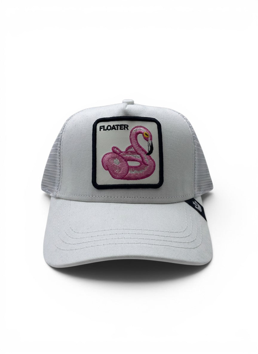 Goorin Bros White Trucker Cap With Floater Flamingo Patch Embroidery