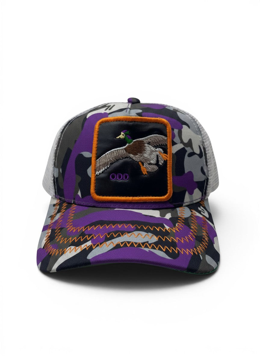 Goorin Bros Purple Camo Trucker Cap With Odd Duck Patch Embroidery
