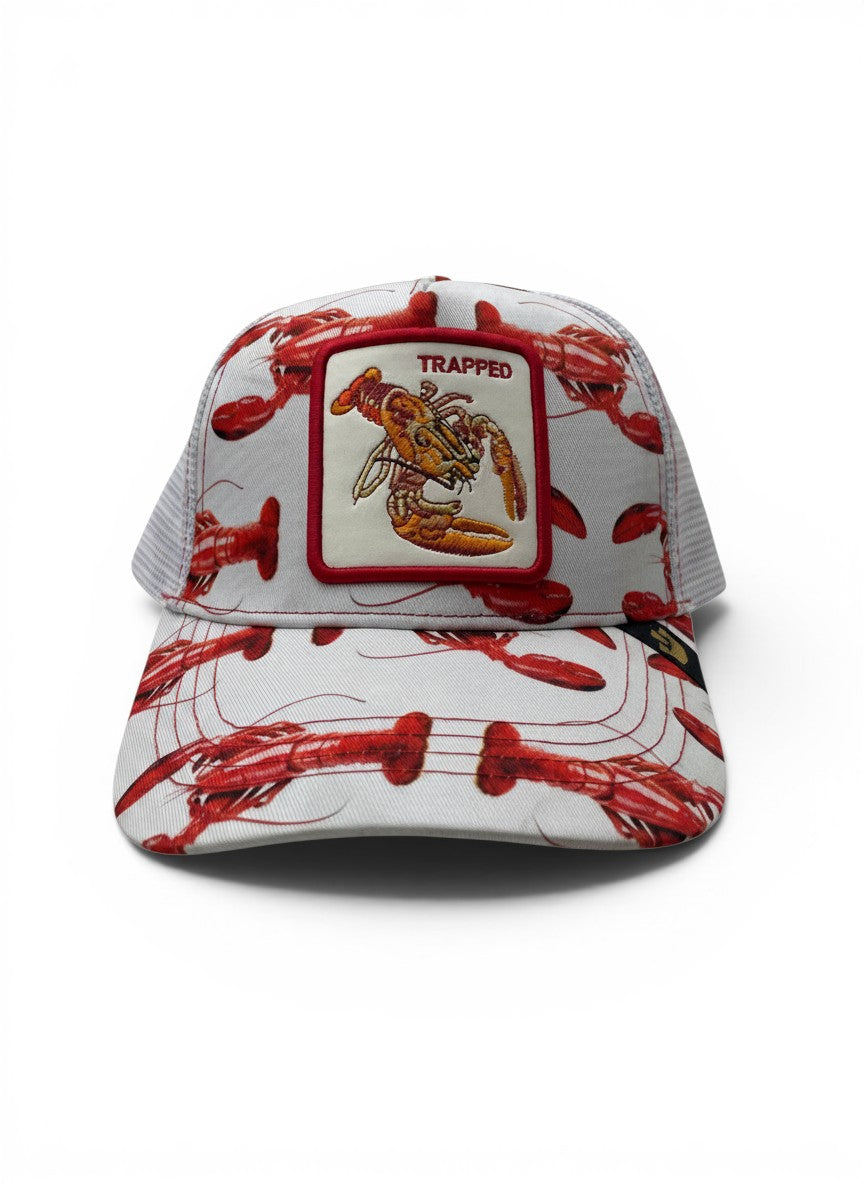 Goorin Bros White Trucker Cap With Trapped Lobster Patch Embroidery