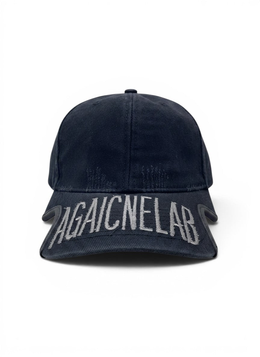 Balenciaga Black Distressed Curved Brim Cap With Logo Brim Embroidery