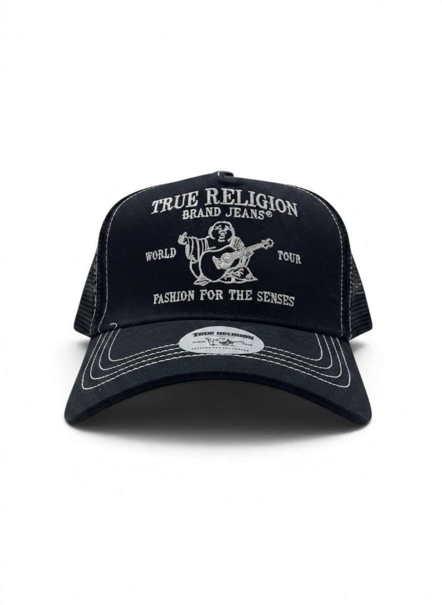 True Religion Black Trucker Cap With White Logo Embroidery