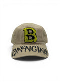 Balenciaga Beige Distressed Curved Brim Cap With Green B Logo Patch