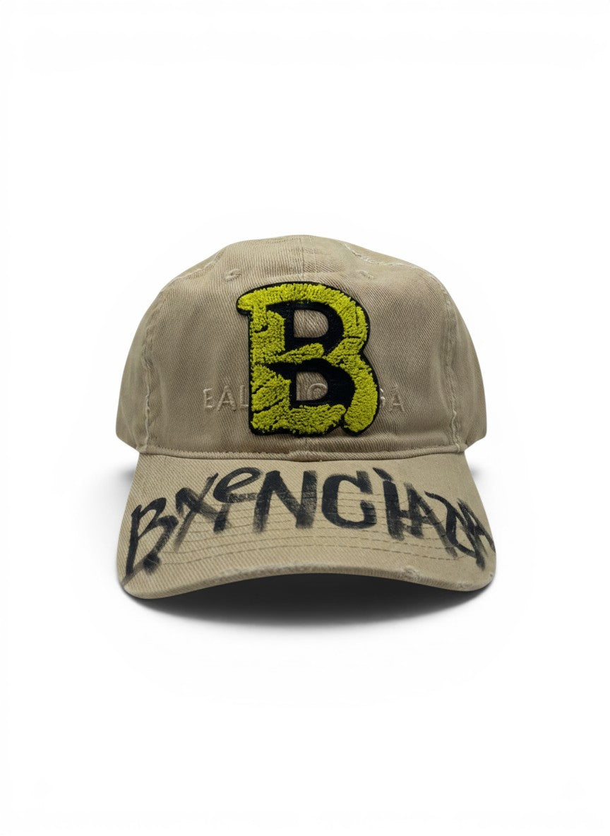 Balenciaga Beige Distressed Curved Brim Cap With Green B Logo Patch